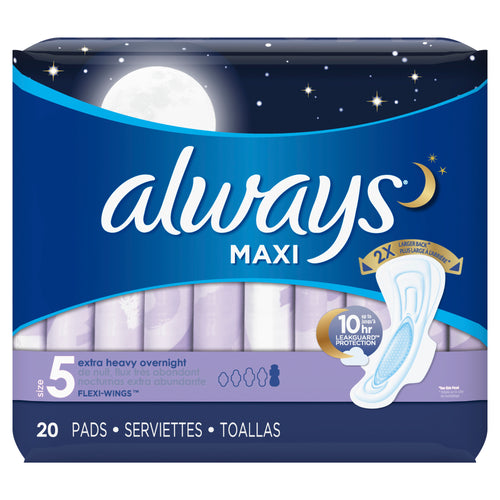 Always Maxi Size 5 Extra Heavy Unscented Overnight Pads with Wings 20ct.