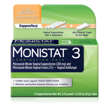 Cargar imagen en el visor de la galería, MONISTAT® 3-Dose Yeast Infection Treatment, 3 Suppository Inserts &amp; External Itch Cream